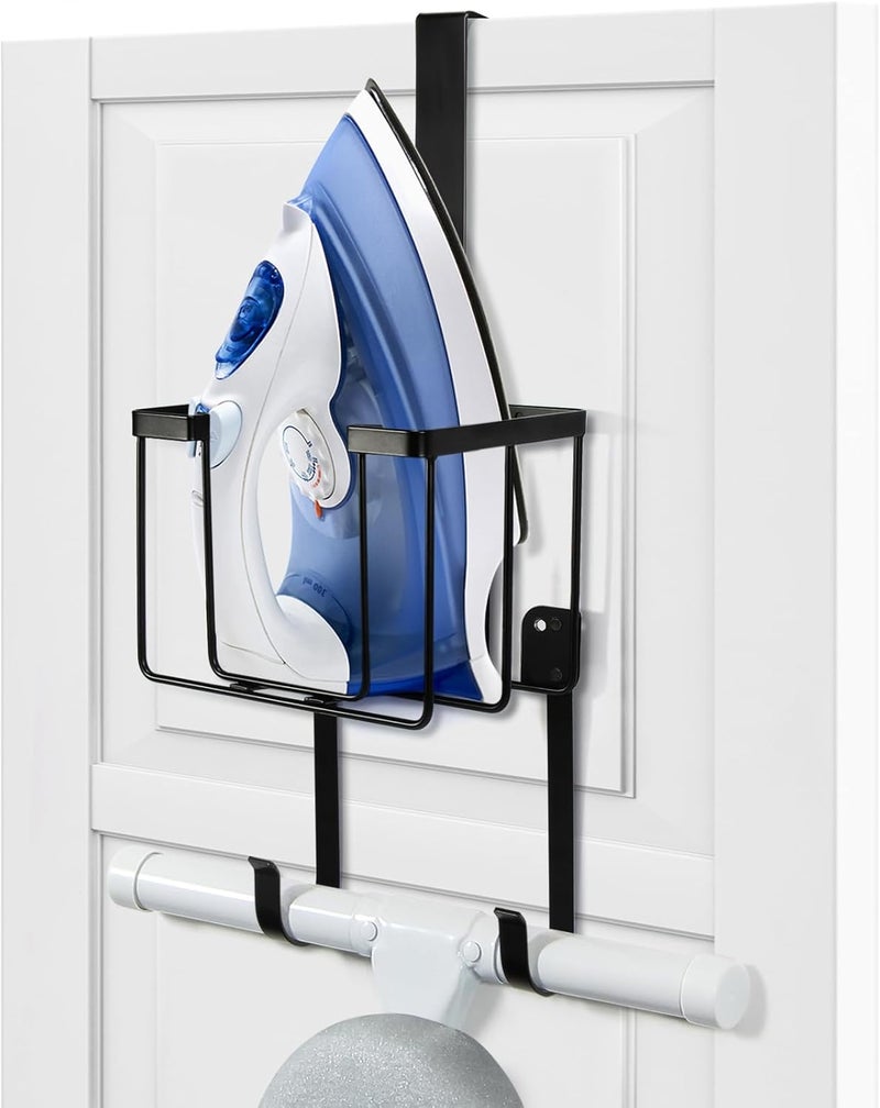 ORLESS Over The Door/Wall Mount Ironing Board Hanger, Laundry Room Iron and Ironing Caddy Board Storage Holder, Black - Image 1
